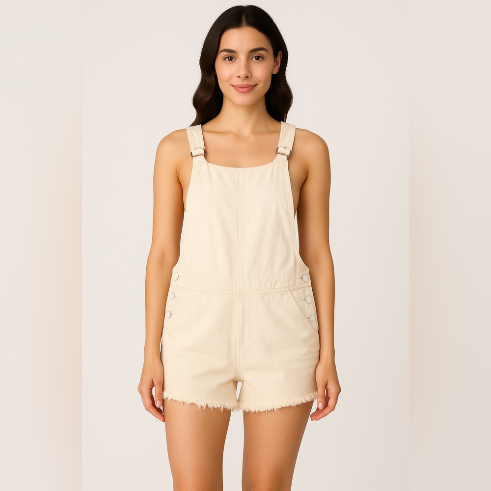 ZEE.GEE.WHY. Beige Cotton Overall Shorts Women’s Size M Frayed Hem Romper